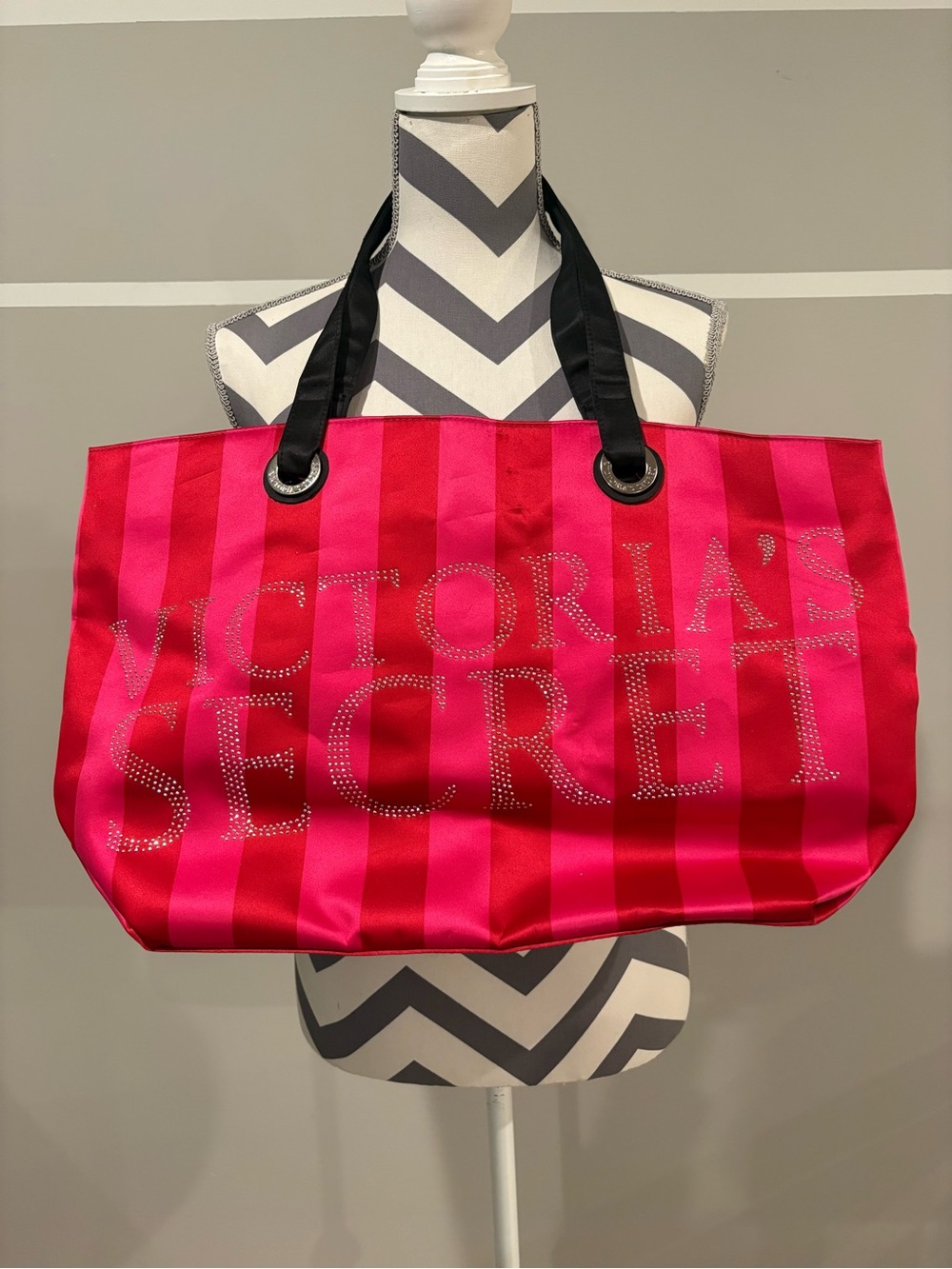 Victoria's Secret Hot Pink and Fuchsia Striped Tote with Rhinestone Logo